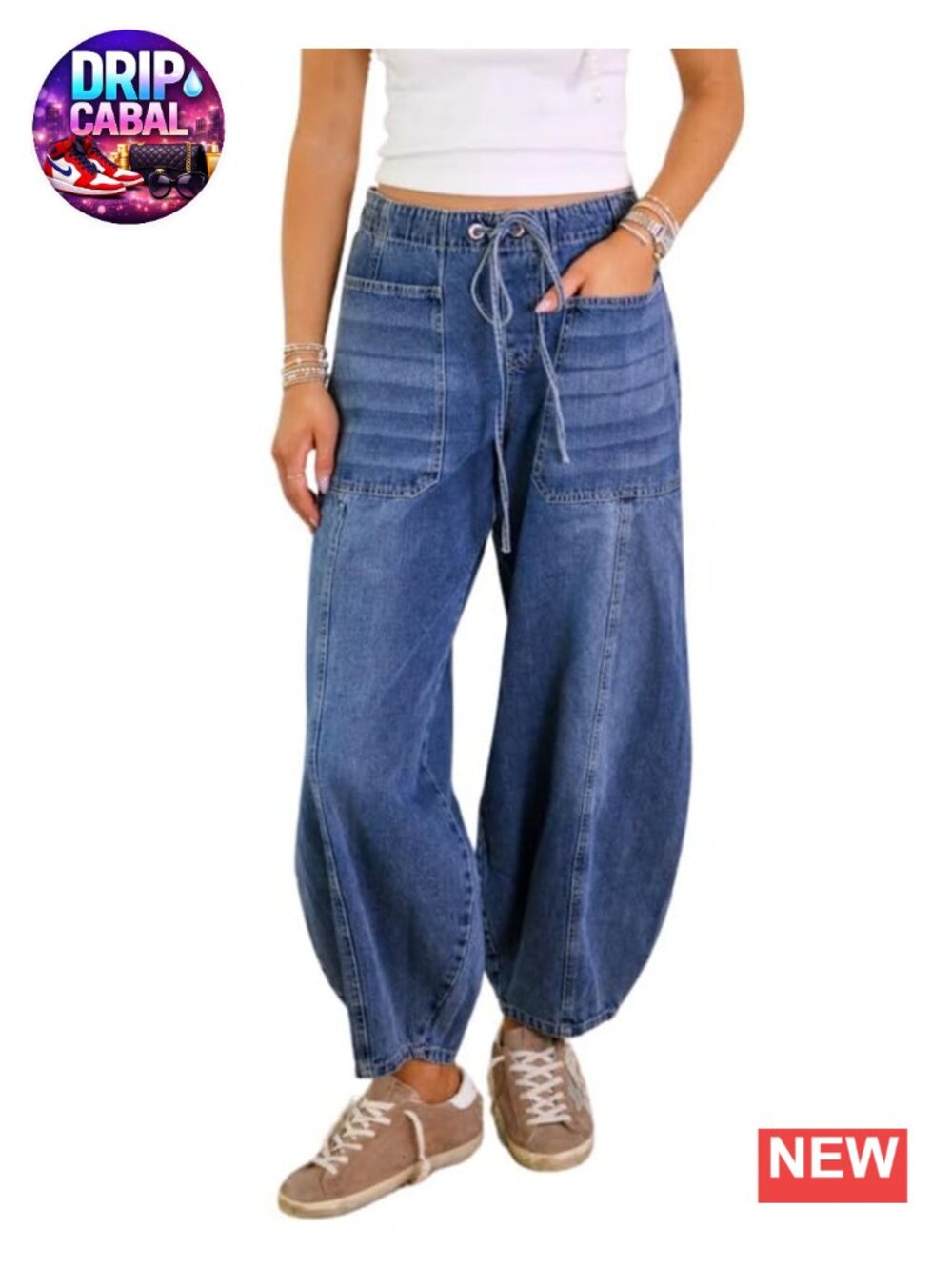 Barrel Jeans Women Elastic Waist Drawstring Baggy Wide Leg High Rise
